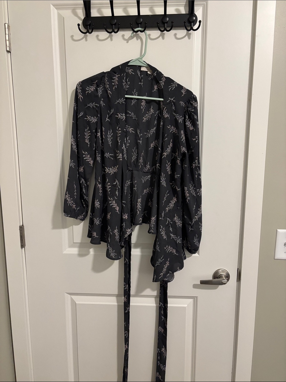 LOFT Black Floral Open-Front Draped Blouse